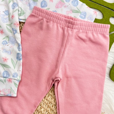 Conj. Blusa Ursinha com Plantinhas em Malha Térmica e Calça Legging - Branco e Rose